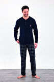 Erkek Yazlık Kareli Uzun Kollu Düğmeli Penye Pijama Takımı