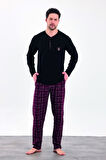 Erkek Yazlık Kareli Uzun Kollu Düğmeli Penye Pijama Takımı