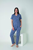 Kadın Yazlık Kalpli Önden Düğmeli Kısa Kollu Penye Lycra Pijama Takımı