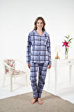 Kadın Kışlık Önden Düğmeli Kareli Penye Lycra Pijama Takımı Mavi