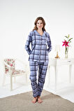Kadın Kışlık Önden Düğmeli Kareli Penye Lycra Pijama Takımı Mavi