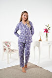 Kadın Kışlık Önden Düğmeli Çiçek Desenli Penye Lycra Pijama Takımı Mor