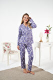 Kadın Kışlık Önden Düğmeli Çiçek Desenli Penye Lycra Pijama Takımı Mor