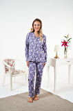 Kadın Kışlık Önden Düğmeli Çiçek Desenli Penye Lycra Pijama Takımı Mor