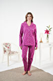 Kadın Kışlık Önden Düğmeli Puantiyeli Penye Lycra Pijama Takımı Fuşya