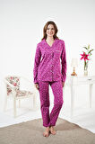 Kadın Kışlık Önden Düğmeli Puantiyeli Penye Lycra Pijama Takımı Fuşya