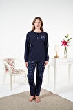 Kadın Kışlık Patlı Desenli Penye Lycra Pijama Takımı Lacivert