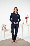 Kadın Kışlık Patlı Desenli Penye Lycra Pijama Takımı Lacivert