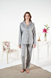 Kadın Kışlık Önden Düğmeli Çizgili Kadife Pijama Takımı Gri