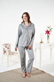 Kadın Kışlık Önden Düğmeli Çizgili Kadife Pijama Takımı Gri