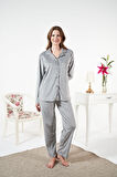 Kadın Kışlık Önden Düğmeli Çizgili Kadife Pijama Takımı Gri