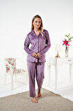 Kadın Kışlık Önden Düğmeli Yıldız Desenli Kadife Pijama Takımı Mor