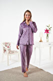 Kadın Kışlık Önden Düğmeli Yıldız Desenli Kadife Pijama Takımı Mor