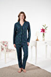 Kadın Kışlık Önden Düğmeli Kareli Süet Pijama Takımı