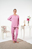 Kadın Kışlık Patlı Çiçek Motifli İnterlok Şardonlu Pijama Takımı