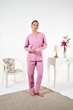 Kadın Kışlık Patlı Çiçek Motifli İnterlok Şardonlu Pijama Takımı