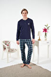 Erkek Kışlık Patlı Kareli Penye Süprem Pijama Takımı Lacivert