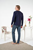 Erkek Kışlık Patlı Kareli Penye Süprem Pijama Takımı Lacivert