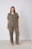 Estiva Kadın Kaplan Desenli Kahverengi Kısa Kollu Önden Düğmeli Soft Battal Pijama Takımı