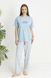 Estiva Kadın Kareli Alt Desenli Mavi Penye Lycra Kısa Kollu Pijama Takımı