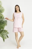 Estiva Kadın Çiçek Alt Desenli Pembe Kolsuz Şortlu Penye Lycra Pijama Takımı
