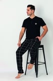 Estiva Erkek Kareli Alt Desenli Siyah Kısa Kollu Patlı Penye Pijama Takımı