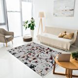 Baskılı Halı Eskitme Renkli Kare Desenli Kaymaz Taban Saçaklı Modern Dekoratif Makinede Yıkanabilir