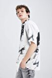 Oversize Fit Polo Yaka Baskılı Keten Görünümlü Kısa Kollu Gömlek X3332AZ22SMWT34