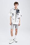 Oversize Fit Polo Yaka Baskılı Keten Görünümlü Kısa Kollu Gömlek X3332AZ22SMWT34