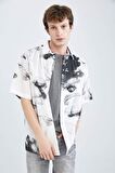 Oversize Fit Polo Yaka Baskılı Keten Görünümlü Kısa Kollu Gömlek X3332AZ22SMWT34