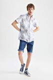 Slim Fit Polo Yaka Çiçekli Keten Görünümlü Kisa Kollu Gömlek