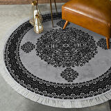 Alanur Star Kaymaz Pamuk Tabanlı Saçaklı Dijital Halı Yuvarlak