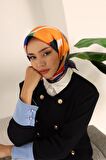Silk Home Şeker Pembesi-Lacivert Çiçek Desen Tivil İpek Eşarp 11408-12