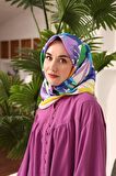 Silk Home Mavi-Krem Yaprak Desen Tivil İpek Eşarp 11406-18