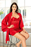 Saten Dantel Detaylı Gecelik Sabahlık I?kili Takım 2068 Kırmızı