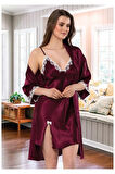 Saten Dantel Detaylı Gecelik Sabahlık 2’li Takım 2115 Bordo
