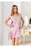 Saten Çizgi Desen Gecelik Sabahlık 2’li Takım Dantel Ve Güpürlü Pembe 1425