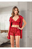 Saten Şortlu 3'lü Takım Dantel Detaylı Bordo 1600