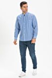 Uzun Kol Şile Bezi Hakim Yaka Tek Cepli Erkek Yazlık Gömlek Mavi Beyaz Çizgili 3019