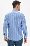 Uzun Kol Şile Bezi Hakim Yaka Tek Cepli Erkek Yazlık Gömlek Mavi Beyaz Çizgili 3019