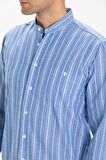 Uzun Kol Şile Bezi Hakim Yaka Tek Cepli Erkek Yazlık Gömlek Mavi Beyaz Çizgili 3019