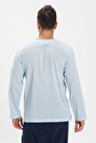 Uzun Kol Şile Bezi Zımbalı Erkek Tshirt Buz Mavi