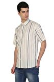 Kısa Kol Şile Bezi Tek Cepli Erkek Gömlek Ekru Gri Çizgili 3028