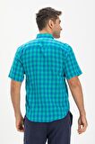 Kısa Kol Şile Bezi Tek Cepli Erkek Gömlek Mint Kareli 3033