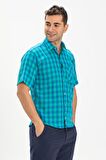 Kısa Kol Şile Bezi Tek Cepli Erkek Gömlek Mint Kareli 3033