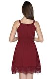 Askılı Şile Bezi Örgülü Mini Elbise Bordo
