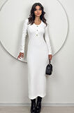 Mira Kadın Uzun Kollu V Yaka Düğmeli Beyaz Slim Fit Triko Elbise