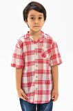 Kısa Kol Şile Bezi Tek Cepli Erkek Çocuk Gömlek Kırmızı Krem Ekose 3038