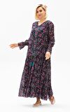 Uzun Kol Vual Gonca Elbise Tomurcuk Desen Koyu Mor