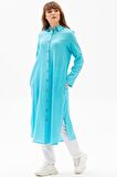 Uzun Kol Yakalı Gofre Tunik Buz Mavi 9012